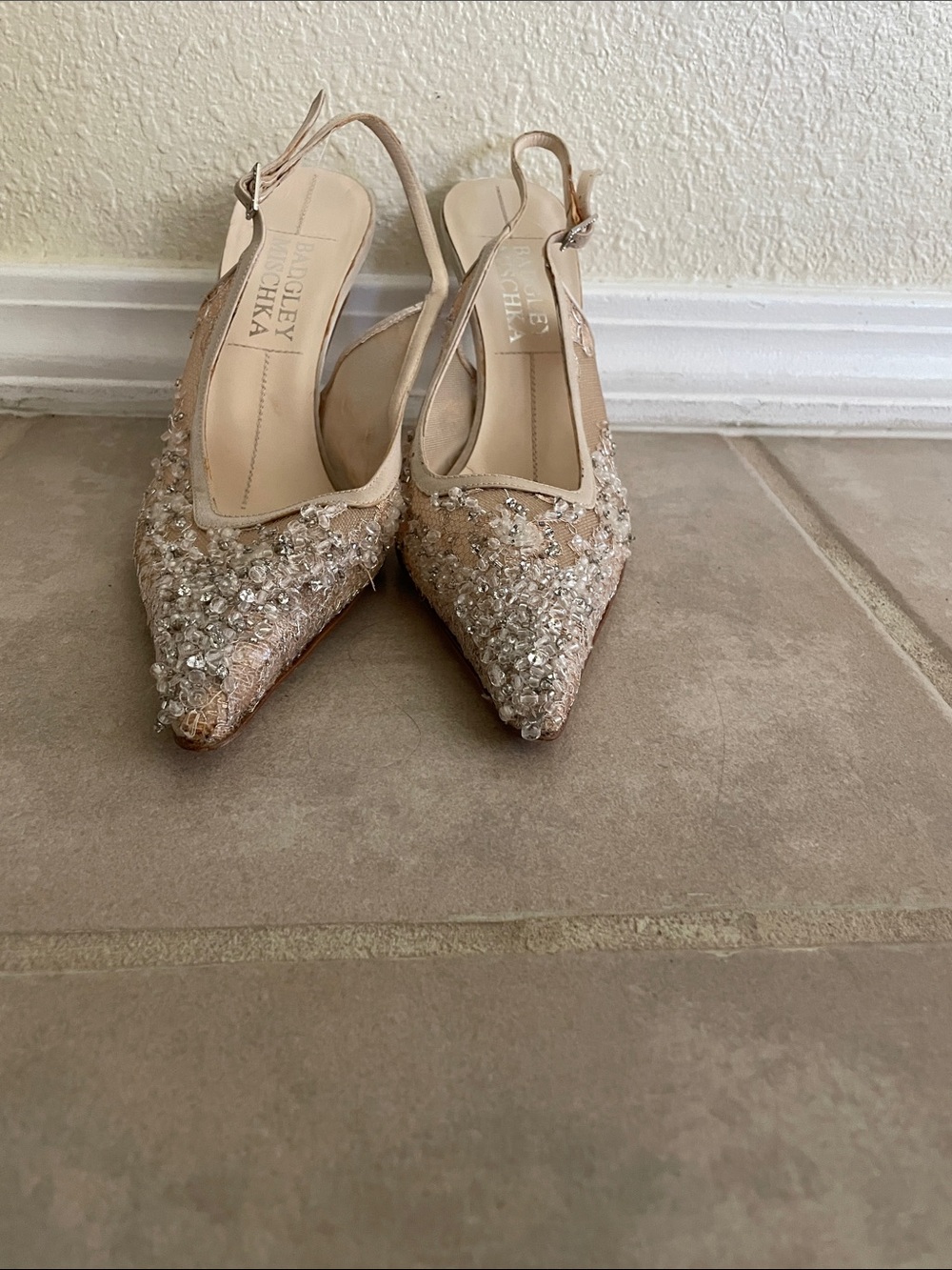 Badgley Mischka Beaded Pointed-Toe Slingback Pumps in Champagne Blush